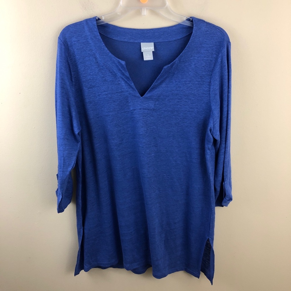 Chico’s Top Womens Size 1 Small Blue 100% Linen Tunic V Neck Popover